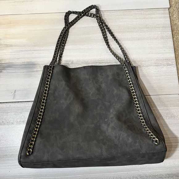 Shoulder Bag  Faux Suede Charcoal Gray with Chain Braided Straps and Details - Picture 2 of 7